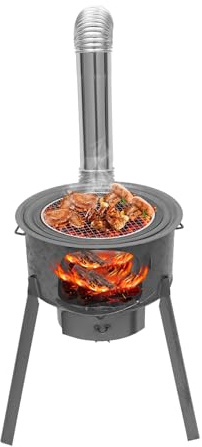 Forno a legna portatile con 3/4 anelli di cottura e scatola per cenere – Gambe del forno rimovibili, robusto forno in lamiera d'acciaio con ventilazione e camino, forno a legna per campeggio, picnic e