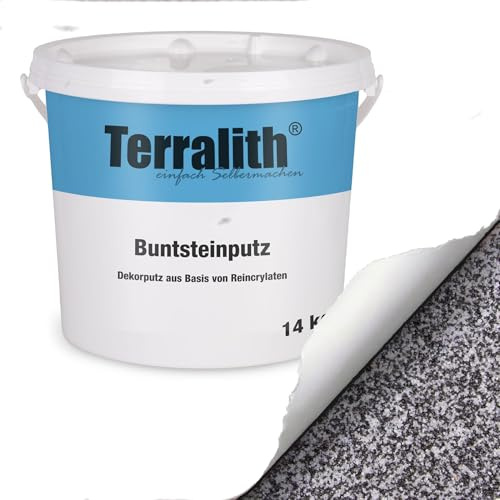 Terralith Buntsteinputz 14kg in weiß, Sockelputz für Innen und Außen mit Reinacrylat Bindemittel aus Naturstein, 1-2mm Körnung (BSP1010)