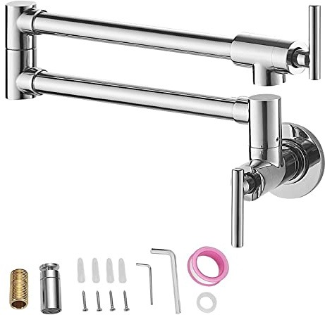Wall Mounted Tap Pot Filler Double Faucet Solid Brass Commercial Wall Mount Kitchen Stove with Matte Black Finish Folding Restaurant(24.4in Chrome)