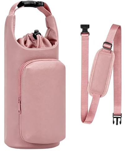 ZKFSIE Water Bottle Carrier with Shoulder Strap, Water Bottle Bag for Hiking Hydration and Commuting, Pink Insulated Beverage Carrier with Adjustable Strap and Storage Pockets