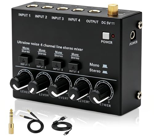 Audio Mixer, 4 Kanal Stereo Audio Mixer, Mini-Audiomischer, Audios Mischpult Mit 6,35-Mm-Audiokabel Und 3,5-Mm-Auf-6,35-Mm-Adapter Für Mikrofone, Bässe, Gitarren, Keyboards (Schwarz)