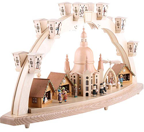 Richard Glässer Seiffen Schwibbogen Dresdner Frauenkirche mit Pyramide, Länge 80 cm, Natur, komplett elektrisch beleuchtet, original Erzgebirge