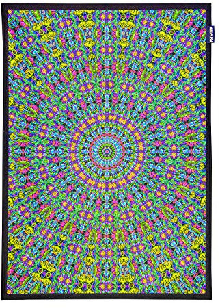 PSYWORK Schwarzlicht Stoffposter Neon | Yoga Mandala Blue | 0,5 x 0,7m | UV-aktiv | fluoreszierend | Wandbehang Stoffbanner Poster Wandbild Kunstdruck Dekobild Dekoration Wandteppich