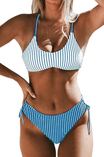 CUPSHE Women's Bikini Set Back Braided Straps Lace Up Bikini Reversible Bottom Two Piece Swimwear Bathing Suits