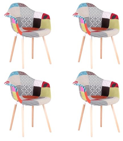 BenyLed Lot de 4 Chaises de Salle à Manger, Chaises de Cuisine avec Pieds en Hêtre, Fauteuils en Tissu Patchwork, (Rouge)