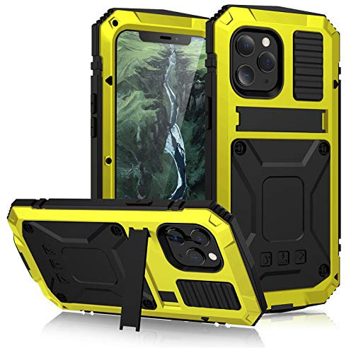 For iPhone 12 Case, Aluminum Metal Gorilla Glass Waterproof Shockproof Military Heavy Duty Sturdy Protector Cover Hard Case for iPhone 12 (Yellow)