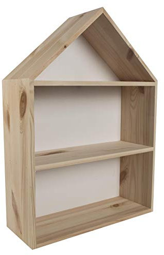 WooDeeDoo Large Wooden House Shaped Display Shelf 32 x 12 x 44 cm Wall Mounted Pine Shadow Box with White Back Panel 2 Tier Internal Divider Unfinished Shelf for Kids Room Wall Decor Crafts