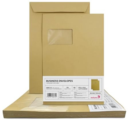 Netuno 50 Versandtaschen DIN C4 Braun 229 x 324 mm 90g braune Versandtaschen C4 groß mit Fenster links große Briefumschläge Maxibrief a4 Briefkuverts mit Sichtfenster big envelopes