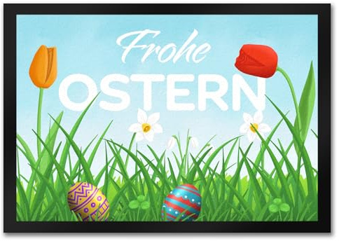 speecheese Frohe Ostern Fußmatte in 35x50 cm mit grüner Blumenwiese und bunten Ostereiern als Dekoration für Ostern schöner Fußabstreifer für die Osterzeit und den Ostersonntag mit der