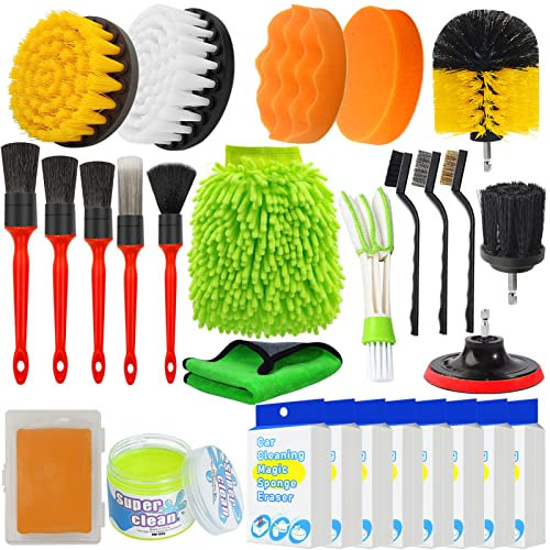 Yumzeco 28PCS Kit Nettoyage Voiture,Brosse Detailing Auto,Brosse Perceuse Nettoyage Interieur Exterieur,Brosse Jante Voiture,Brosse Tapis Voiture,Kit Polissage Voitures Pinceau Nettoyage Auto