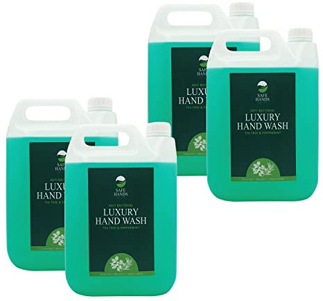Safe Hands | Luxury Hand Wash | Tea Tree & Peppermint | 4 x 5 Litre | Antibacterial Moisturising Hand Soap | Anti-Bac Hand Soap | Removes 99% of Bacteria | Kind to Skin