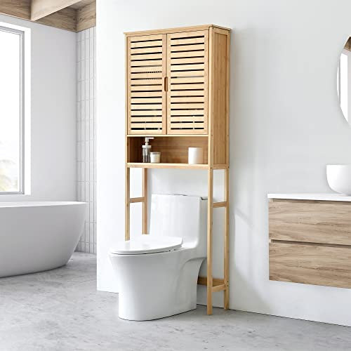 Mueble de Baño sobre el Inodoro con Amplio Espacio de Almacenaje Armario Alto con 2 Puertas y Compartimiento Abierto Bambú 170 x 66 x 23 cm Natural