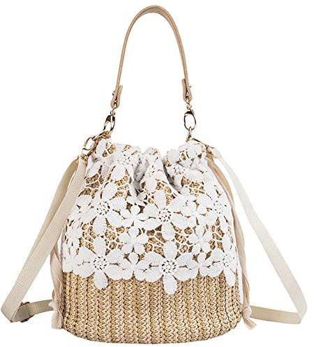 Anopo Sac De Paille Sac Bandoulière Sac En Osier Femmes Filles Cordon Dentelle Sac à Main Tissé Sac de Plage d'été en Rotin Boho Vacances Seau Fleur