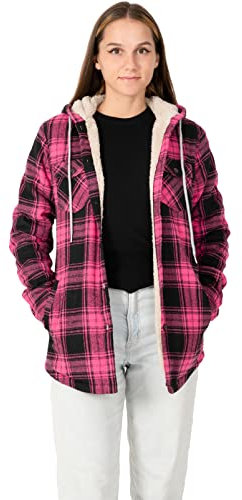 ZENTHACE Flanelljacke für Damen, Sherpa-Futter, kariert, Knopfleiste, Kapuze, Flanellhemd, Jacke, warme Jacke (Sherpa-Futter), Pink, M