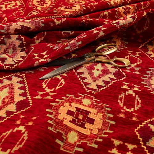Redbrick Mill Fabrics Schwerer traditioneller Kelim-Polsterstoff mit aztekischem Muster in Rot (Meterware) | Meterware Chenille