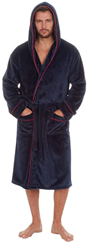 MICHAEL PAUL Dressing Gowns for Men | Super Soft Luxury Hooded Dressing Gown Black Grey Navy | Men's Warm and Cozy Fleece Nightwear Robe | Gifts for Men Navy red L