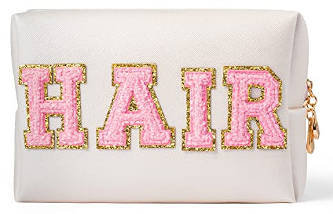 GROBRO7 Hair Patch Kosmetik Tasche PU Große Kapazität Reise Toilettentaschen, golden wasserdichte Varsity Brief Tasche mit Reißverschlüssen für Make up Waschen Pflege, Business Trip Essentials