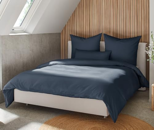 BEFA NATUR Made in Germany Bettwäsche Set, Bettbezug 155x220 cm und Kissenbezug 80x80 cm aus Baumwolle-Satin, Allergiker geeignet, Öko-Text 100 Klasse 1 Zertifiziert - Dunkelblau