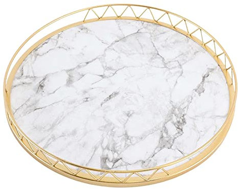 perfk Plateau de Service en marbre, Plateau décoratif de vanité, Assiettes Rondes Multi-usages pour cosmétiques, Plateau Organisateur de Bureau pour Table, Blanc Grand