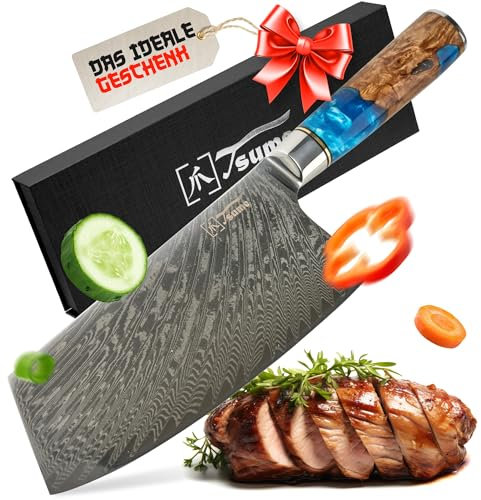 Tsume Chai Dao Hackbeil Messer Saphir, Klingenlänge 18cm, Echtes Damast Küchenmesser, 67 Schichten VG10 Edelstahlkern mit blauem und weißen Kunstharz und Holz Handgriff, Rasiermesserscharf