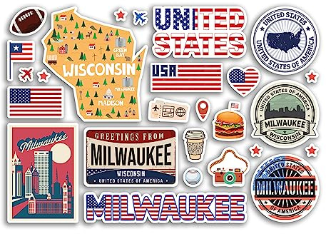 Aufkleber A5 von Milwaukee Landmarks aus Vinyl – Wisconsin USA Flagge USA Reisen Urlaub Karte Stadt Scrapbooking Ästhetik #80557