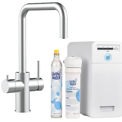 Living Water Sprudel-Wasserhahn mit Kohlensäure, Untertisch-Trinkwassersystem mit 5-Wege-Edelstahl-Armatur, LivingTap Pro Sprudelwasser aus dem Hahn mit N-Auslauf