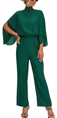 IWEMEK Damen Lang Jumpsuit Weitem Bein Overall Hose Mock Hals Schlitz 3/4 Fledermausärmel Elastische Taille Schlüsselloch Rücken Strampler Festlich Party Hochzeit Einteiler Grün L