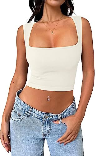 Cuptacc Bluse Damen Sommer Sexy Basic Bauchfreies Oberteile Eckigem Ausschnitt Elengant Sport Top Beige Mittel M 38-40