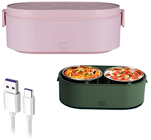 Fiambrera eléctrica, loncheras calefactables para adultos, lonchera portátil de acero inoxidable 304 con funcionamiento por USB, lonchera con 2 contenedores, lonchera calefactable para automóvil y ho