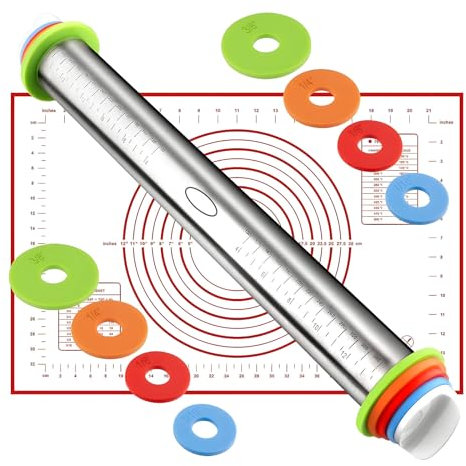 RZMZBY Rouleau à pâtisserie réglable en acier inoxydable, accessoires de four avec entretoise et 4 tailles d'anneau en silicone amovible pour la préparation de pizzas, pâtisseries, gâteaux, pâtes