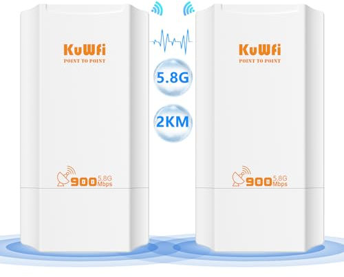 KuWFi Ponte WiFi Ethernet 5GHz 900Mbps, 2KM Esterno Point-to-Point WiFi Bridge, PtP/PtMP Long Distance WiFi Ponte, IP65 impermeabile, Ponte con funzione WiFi, Utilizzato in Magazzini Fattorie Garage