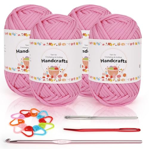 Coopay 4 x 50g Baumwolle Häkelwolle für Anfänger, Gut Sichtbare Maschen Garn Häkelgarn mit Häkelzubehör, Chunky Wolle zum Häkeln, Dickes Baumwoll-Nylon-Mischgarn für Tasche, Puppen - Pfirsichrot