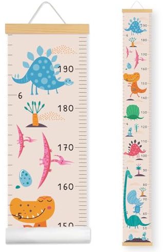 Messlatte Kinder-Wachstum Messlatte-Höhenlineal zum Aufhängen-Abnehmbare Leinwand mit Holzposterleiste - Kinderzimmer Deko und Geschenk zur Geburt(160cm x 20cm) (Rosa, Dinosaurier)