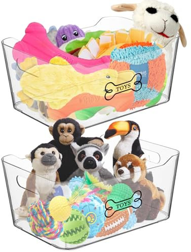 Clear at a Glance Dog Toy Bin|Acrylic Dog Toy Bin with Handle|Dog Organization and Storage Toy Basket | Clear Plastic Dog Storage Container Pet Storage Box | for Dog Chew Toys, Blankets, & Leashes