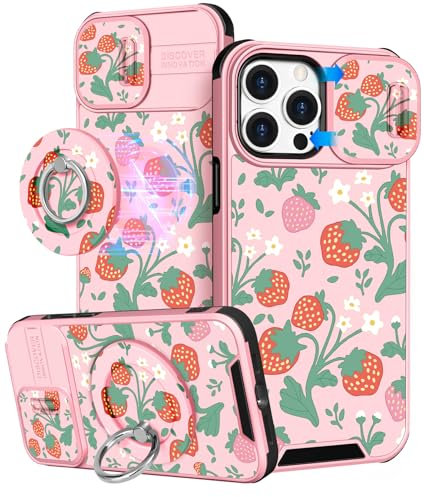 VincitoreModa for iPhone 13 Pro Case Women - [2in1] Cute Girls Strawberry Compatible with MagSafe Ring Stand Girly Slide Camera Cover Pretty Design for Apple for iPhone 13 Pro Phone Case 6.1