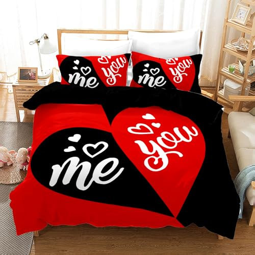 VTRXEG Bettwäsche 200x200 Herzen Schwarz Rot,Weich Mikrofaser Me Und You Herz Muster Paare Bettbezug,mit Reißverschluss1 Bettbezug Und 2 Kissenbezüge 50 x 75cm(D, 200x200cm)
