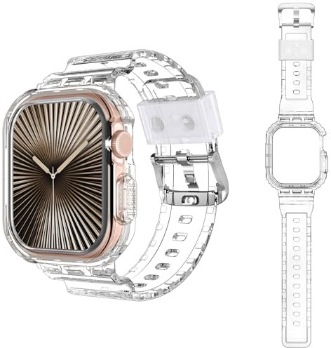 Kamita Correa Compatible con Apple Watch Serie 10 42mm, Cristal Claro Banda Deportiva Regulable para Hombres Mujeres, Impermeable Transparente Pulsera de Repuesto con Bumper Funda para iWatch10 42mm