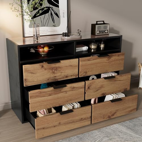 Gegtuon Schrank Kommode Sideboard, Schubladenschrank Lowboard mit 6 Schubladen Stauraum und Offenen Fächern für Schlafzimmer, Möbel für Wohnzimmer Kinderzimmer Küche Flur, 120x80x40 cm, Eiche