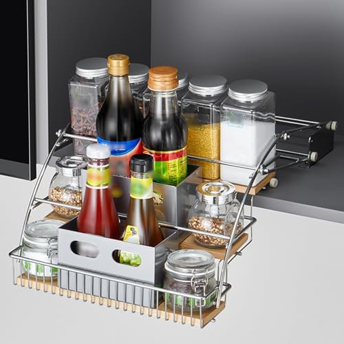 ASerZenith 3-stufiges Ausziehregal mit Aluminiumbox – ausziehbarer Organizer aus Metall für Gewürzflaschen und Gewürzgläser – Perforation/Installation ohne Löcher – passend für Wand