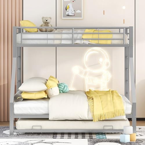 TIZZ Etagenbett, mit Leiter auf beiden Seiten für Kinder, Jugendliche, Metallbett mit ausziehbarem Bett,Erwachsene, einfach zu montieren,90(140) x200cm (Silber)