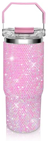 Bling Rhinestone Studded Tumbler with Top Handle, Bling Cups Stainless Steel Water Bottle Diamond Glitter Tumbler for Women - Birthday Gifts for Women, Mom,Get Well Soon Gifts (Pink)