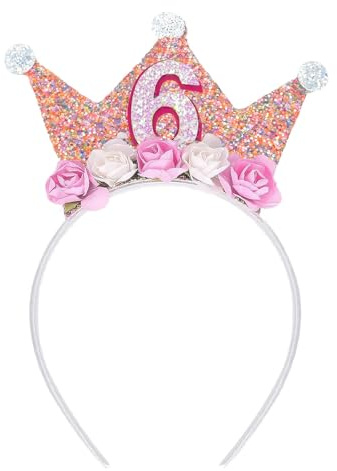 HUATEEN Geburtstagskrone,Krone Geburtstag Mädchen Krone Glitzer Tiara mit Rose Blumen Mädchen Stirnband Partyhut Rosa Kleinegeburtstag Krone für 6 Jahr Kinder Geburtstag Party