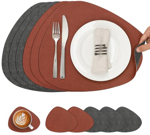Chitomars Set de Table Rond et Dessous de Verre Double Face Sets de Table | Lot de 6 Set de Table Lavable Plastique Antidérapant en Simili Cuir pour Table (Gris Terracota, Juego de 6)