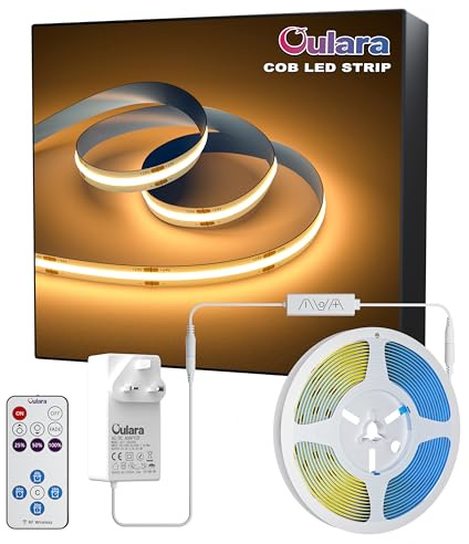 OULARA COB LED Strip 2700K Warm White LED Strip Light 10M Dimmable Super Bright 24V CRI 90+ Flexible Tape Lights Kit with RF Remote Timer Function for Kitchen Cabinet Shelf TV DIY Lighting Project
