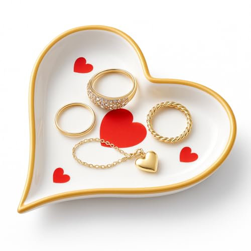 Playing card style Heart Shaped Ceramic Trinket Tray Jewellery Holder, White Plate with Red Heart Print for Rings, Earrings, Bracelets – Cute Decorative Dish for Bedroom, Bathroom, Vanity Gift Decor