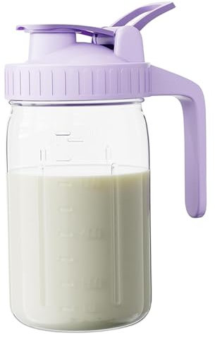 Jarra de leche de vidrio recipiente para leche jarra de vidrio a prueba de fugas de 32 oz con tapa y pico en forma de V botella para almacenar materna apta para lavavajillas