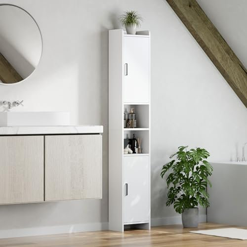 Homullel Bathroom Tall Cabinet, Narrow Bathroom Storage Unit with 2 Doors & Open Compartments, Slim Kitchen Cabinet for Small Spaces, Freestanding Storage Cupboard, 30x20x170cm, White