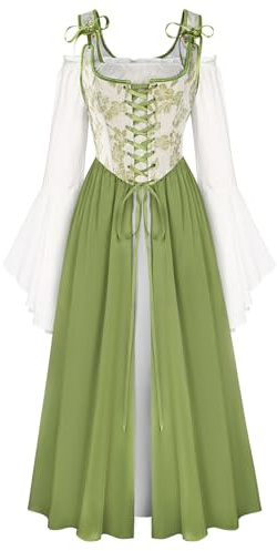 Damen Mittelalter Corsagenkleid Rockabilly Schulterfrei mit Tasche Pieces Kleid Gelb Grün 38
