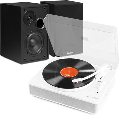 Fenton RP162W HiFi Vinyl Record Player with Bluetooth Active Bookshelf Speakers, Wireless & Wired Connectivity, USB Recording, Built-In Stereo, RCA Line Out, Headphone Jack, Pitch Control, 80W Set