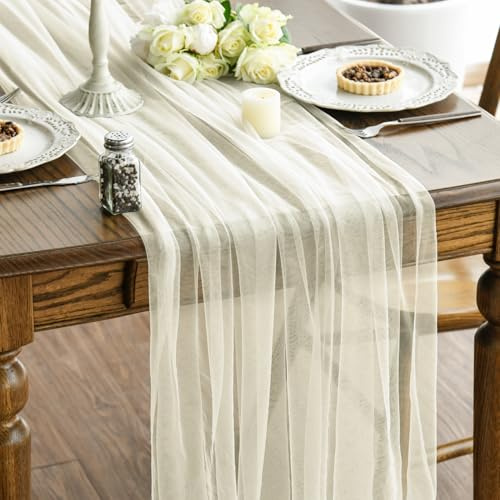 Artoid Mode Tischband Gaze Beige Tüll Frühling Tischläufer 150x300 cm, Hochzeit Tisch Dekoration Urlaub Party Geburtstag Dekor